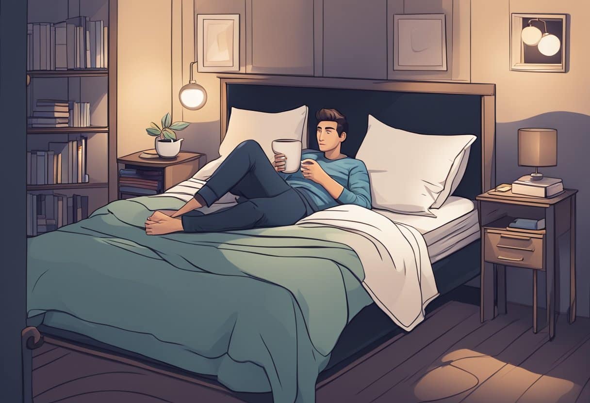 A person lying in bed with a cup of coffee on the nightstand, wide awake with eyes open, surrounded by dark and quiet surroundings