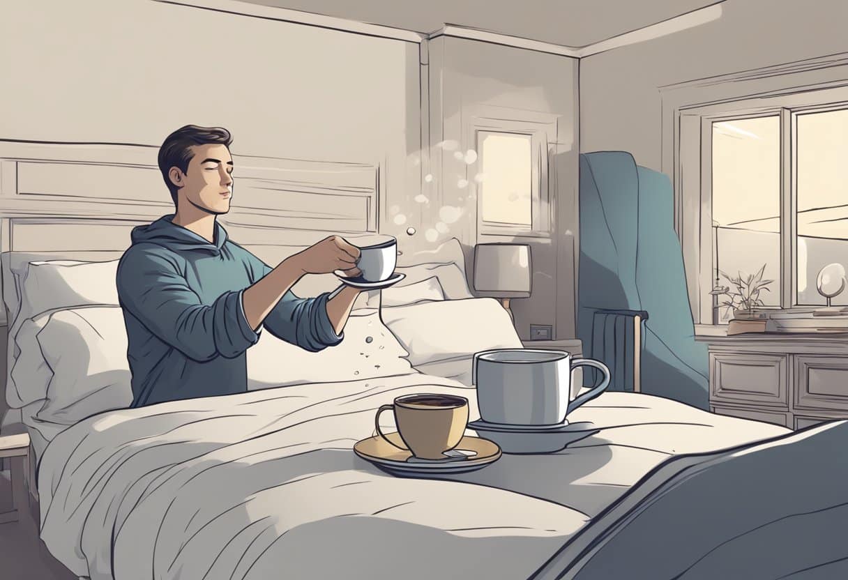 A person pouring out a cup of coffee and then tossing and turning in bed, unable to sleep