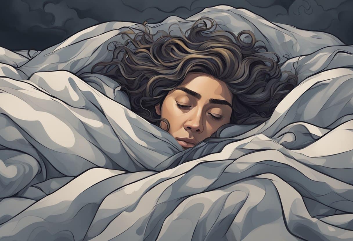 A person lying in bed, surrounded by swirling dark clouds and tangled sheets, their eyes wide open with a look of worry