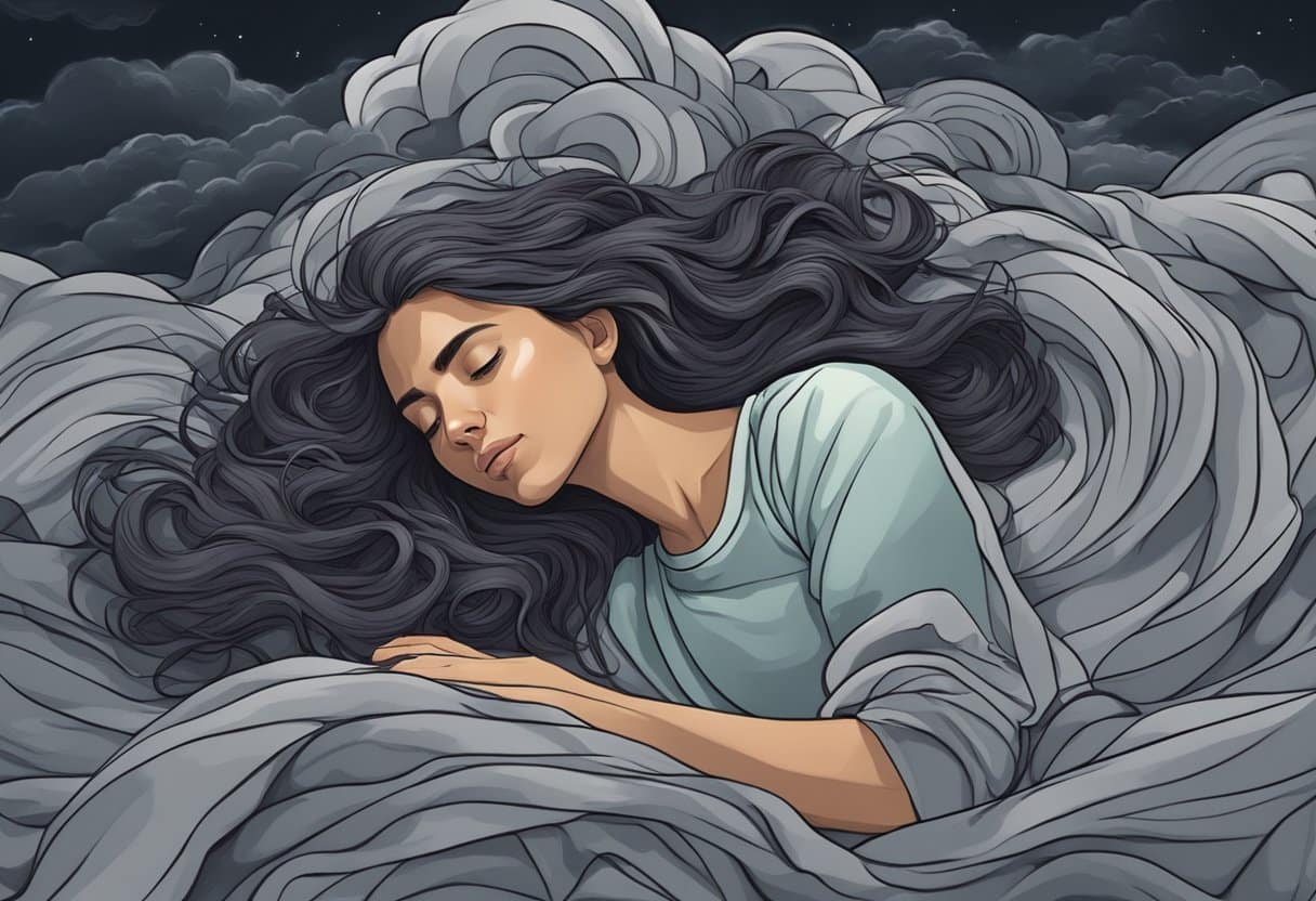 A person lying in bed, eyes wide open, surrounded by swirling dark clouds and tangled sheets