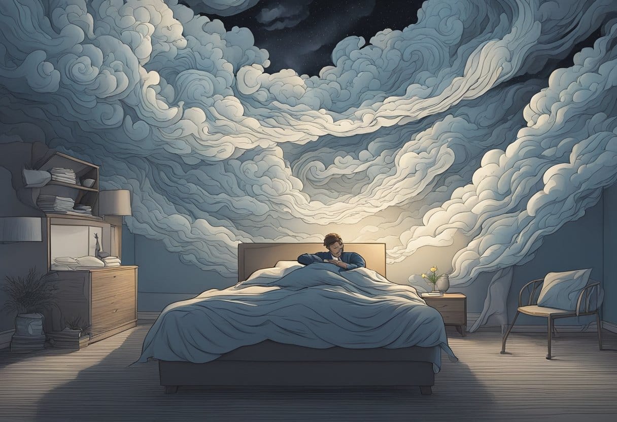 A person tossing and turning in bed, surrounded by swirling, dark clouds symbolizing anxiety and sleep disturbances