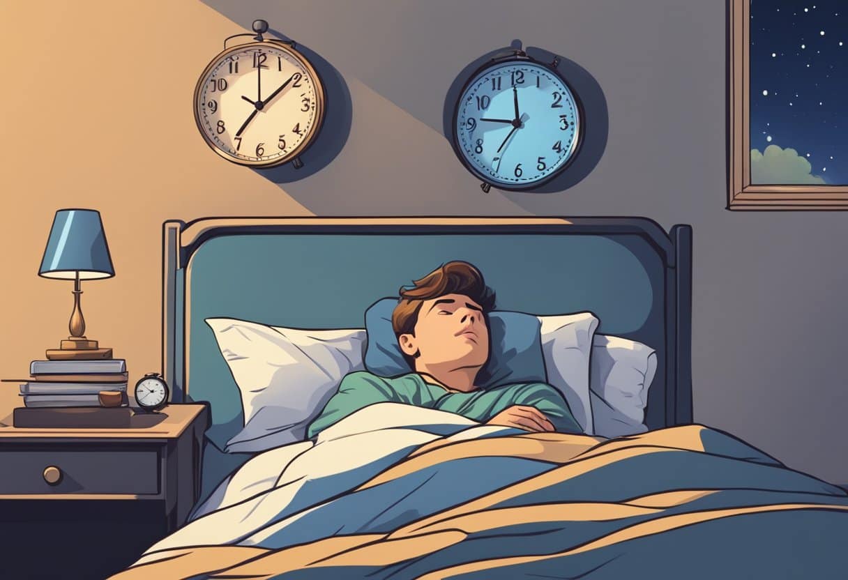 A person lying in bed, staring at the ceiling with a worried expression. A clock on the nightstand shows the time as late at night