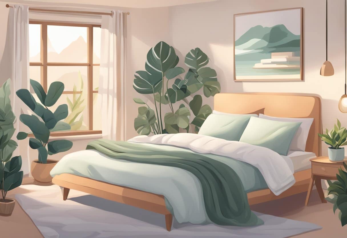 A serene bedroom with soft lighting, plants, and calming colors. A cozy bed with fluffy pillows and a weighted blanket