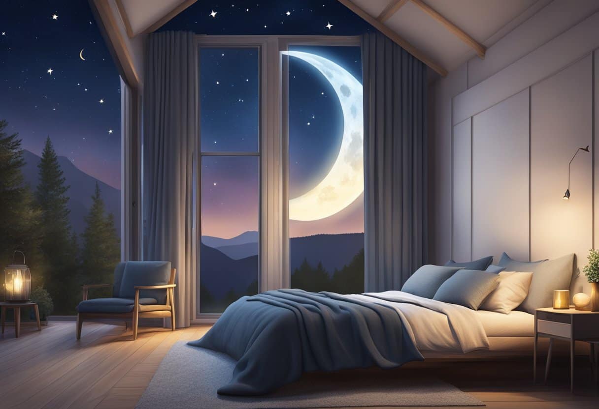 A serene night sky with a crescent moon shining down on a peaceful, starlit landscape. A cozy bed with soft blankets and a calming atmosphere