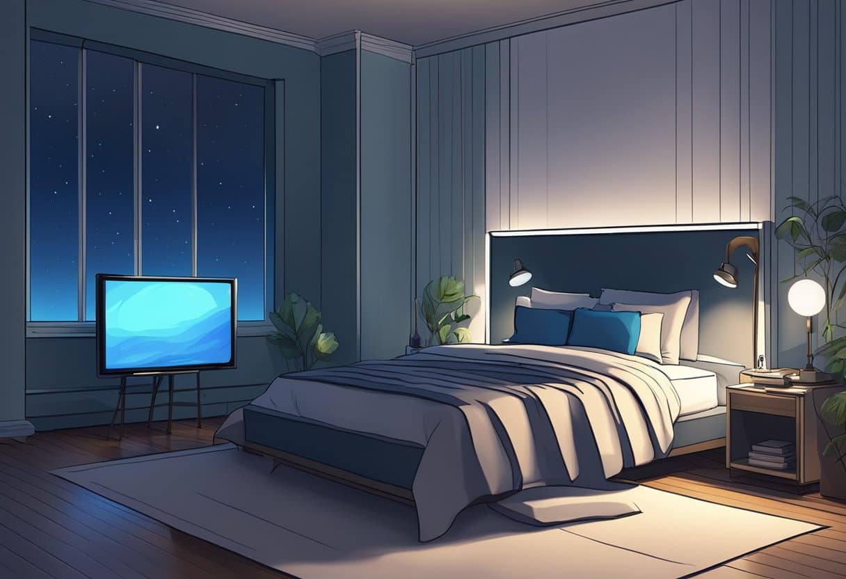 A dimly lit bedroom with a glowing screen casting a blue light onto the bed, while a clock on the wall shows the late hours of the night