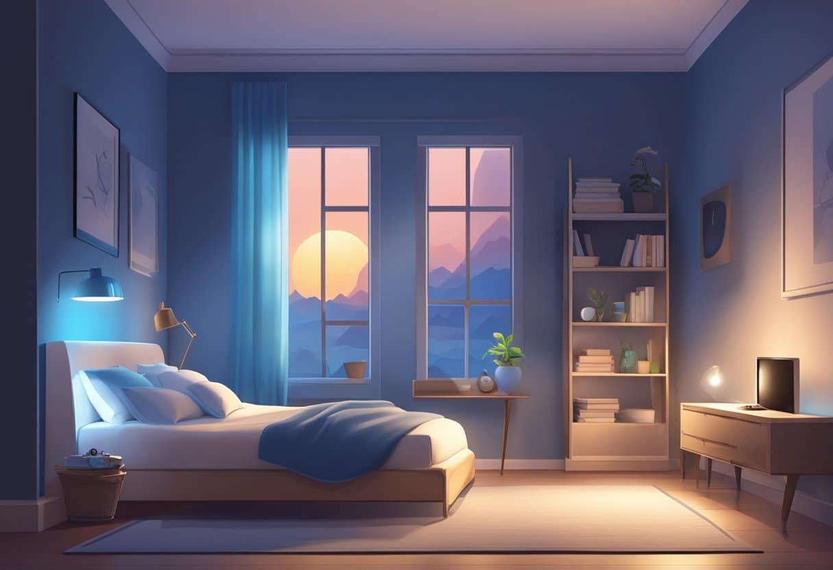 A cozy bedroom with a glowing digital screen casting a soft blue light, while a clock on the wall shows the late hour