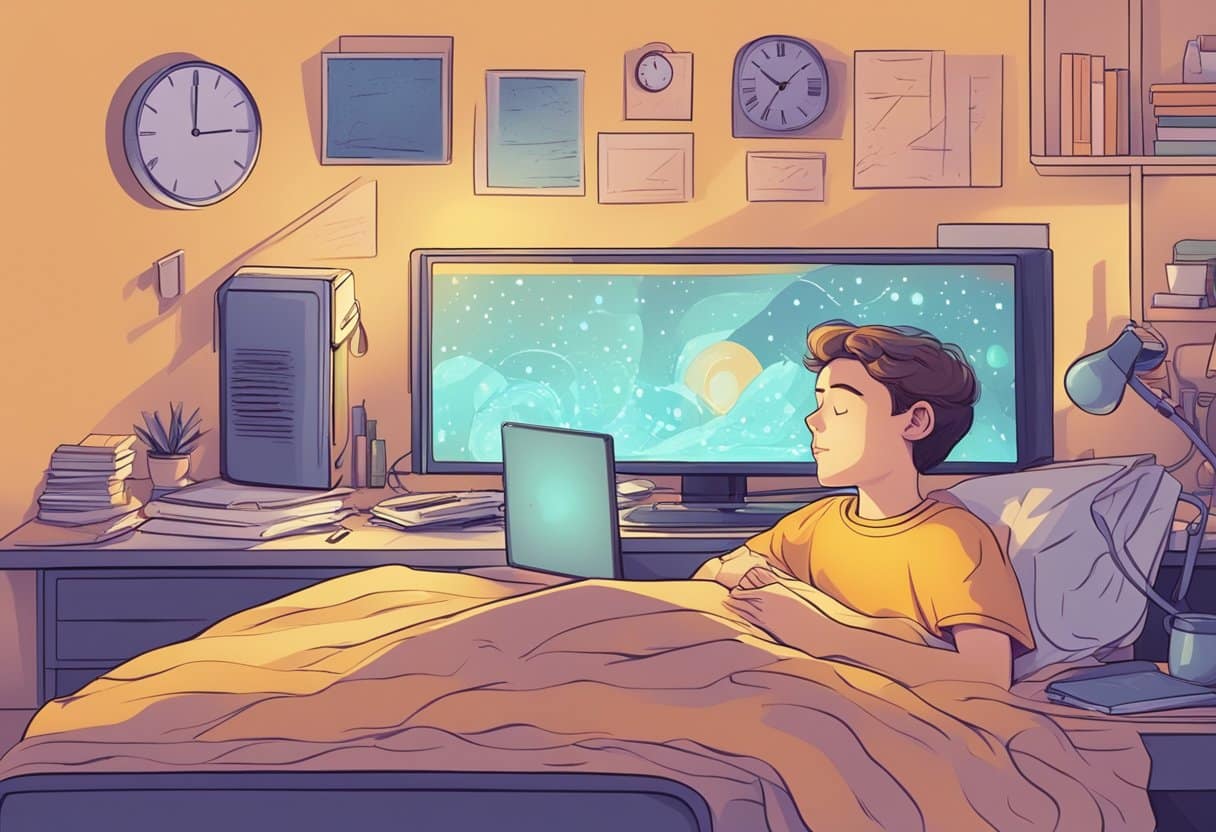 A person lying in bed with a glowing screen illuminating their face, surrounded by a cluttered desk and a clock showing late hours