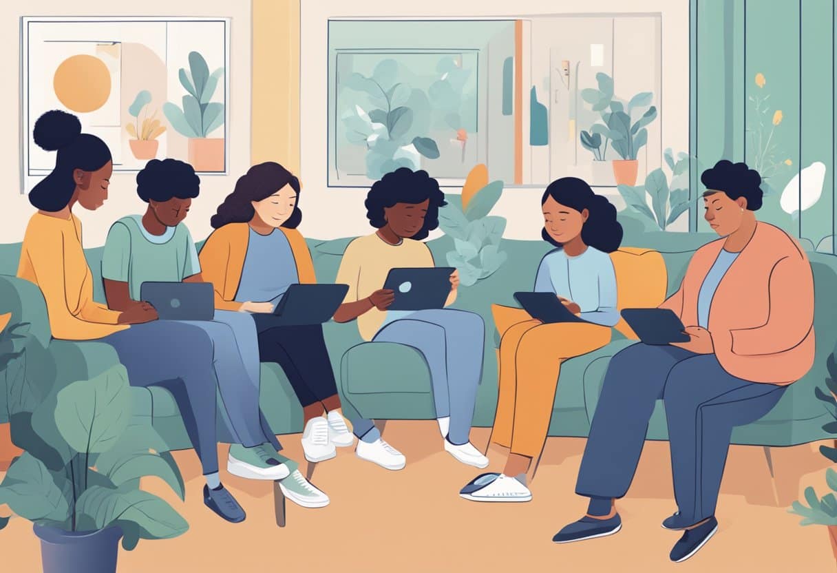A group of diverse age groups engaging with screens in various settings, with a focus on the impact on sleep and mental health