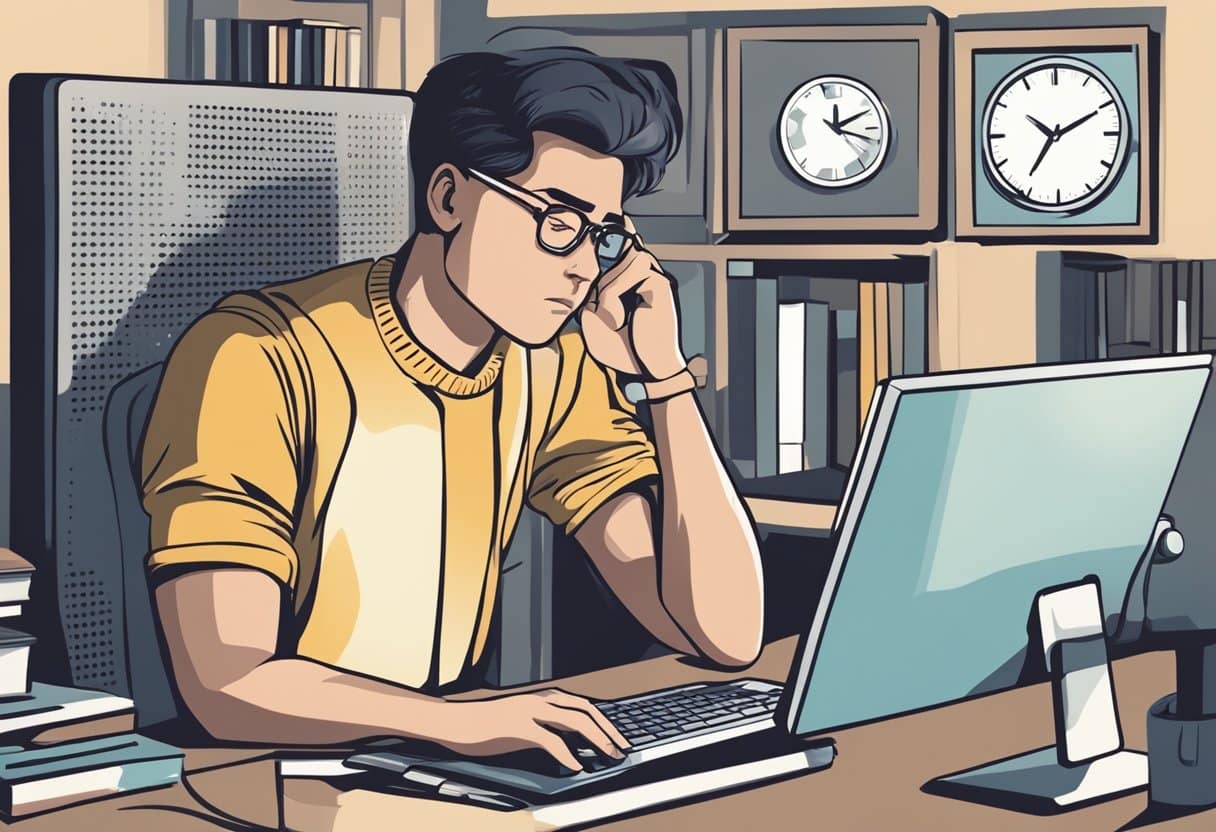 A person sitting in front of a computer or mobile device, with a clock showing late hours, and a tired expression on their face