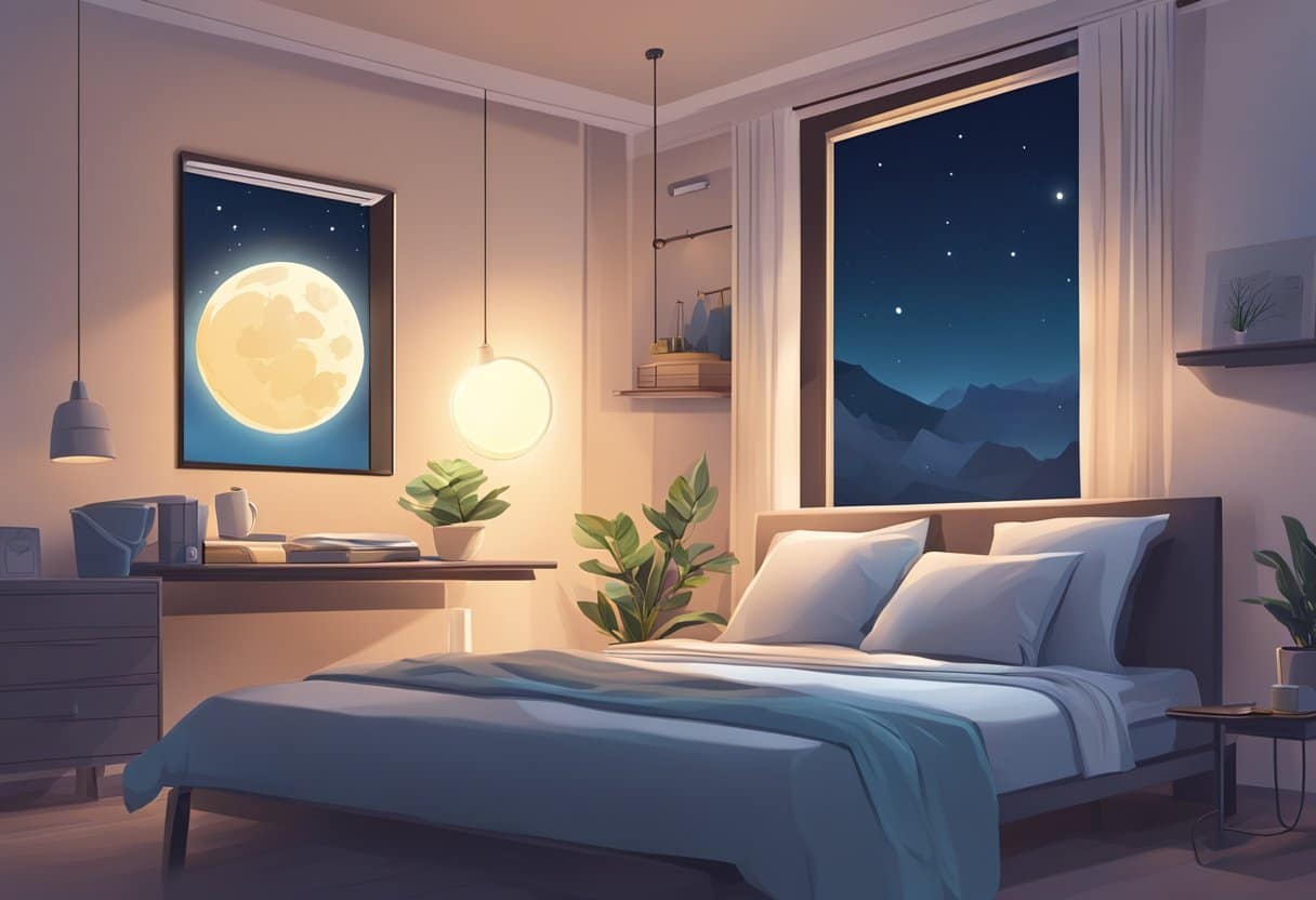 A serene bedroom with a glowing digital clock, a smartphone on the nightstand, and a peaceful moon outside the window