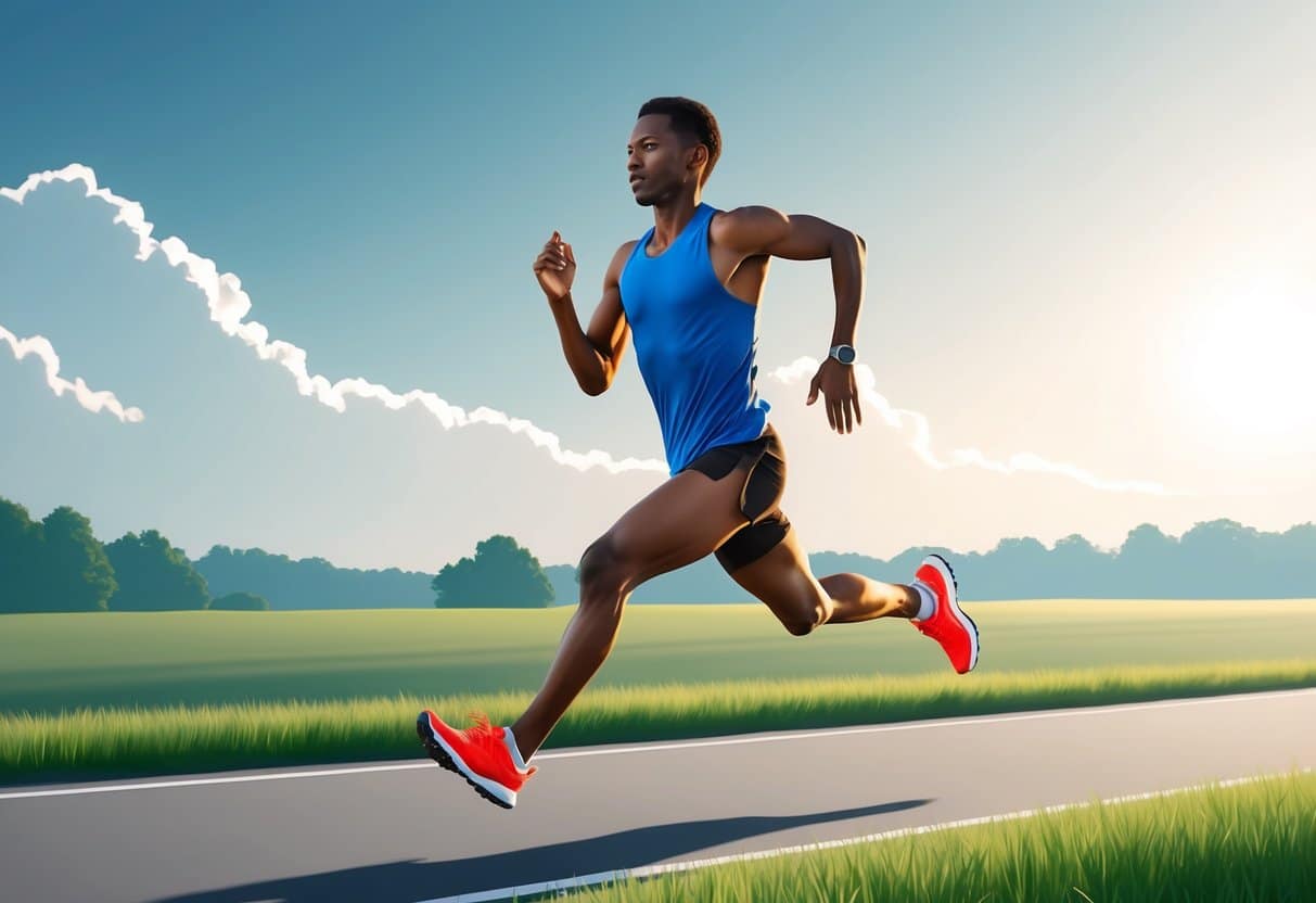 A runner glides effortlessly across a serene landscape, arms pumping in perfect rhythm, feet landing softly on the ground, embodying efficient long distance running technique