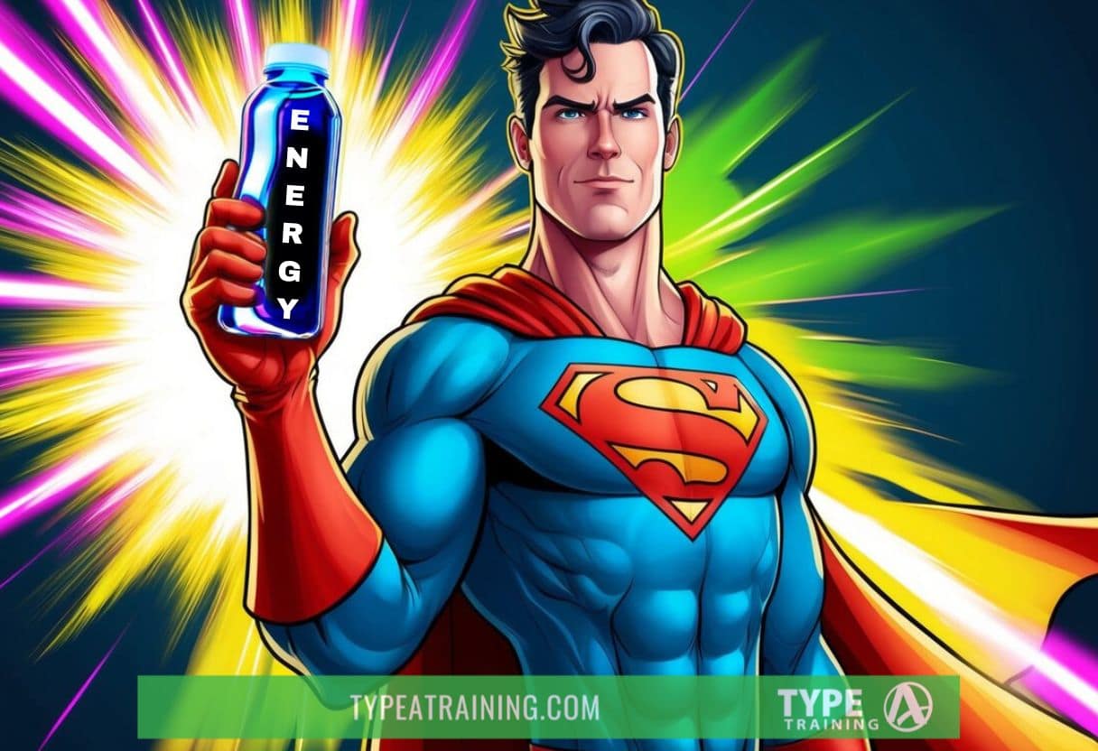a man in a superhero garment holding a bottle of energy