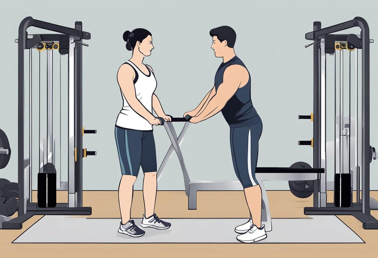 A person performing knee-strengthening exercises with a personal trainer. The trainer demonstrates proper form and provides guidance