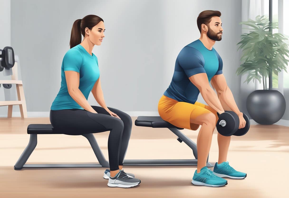 A personal trainer guiding a client through low-impact exercises, focusing on knee strengthening and mobility