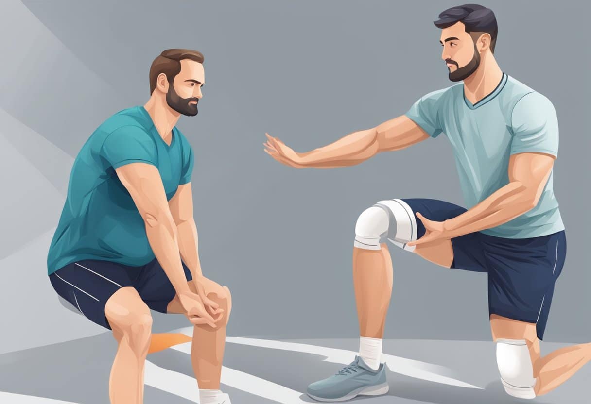 An orthopedic surgeon and a personal trainer discuss knee surgery prevention. The trainer demonstrates exercises and stretches to strengthen the knee