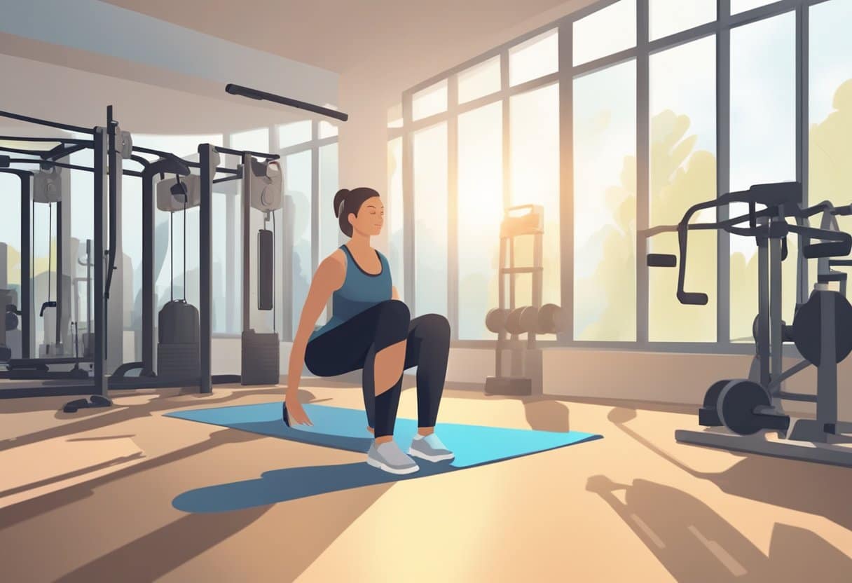 A person with chronic pain performs light exercises under the guidance of a personal trainer in a quiet, sunlit gym