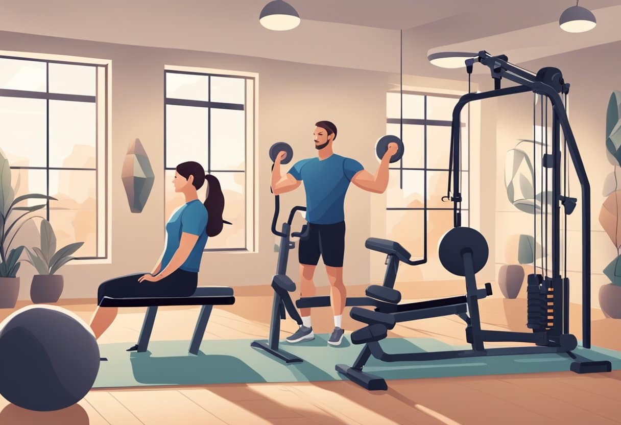 A person performing low-impact exercises with a personal trainer, surrounded by supportive equipment and a calming environment