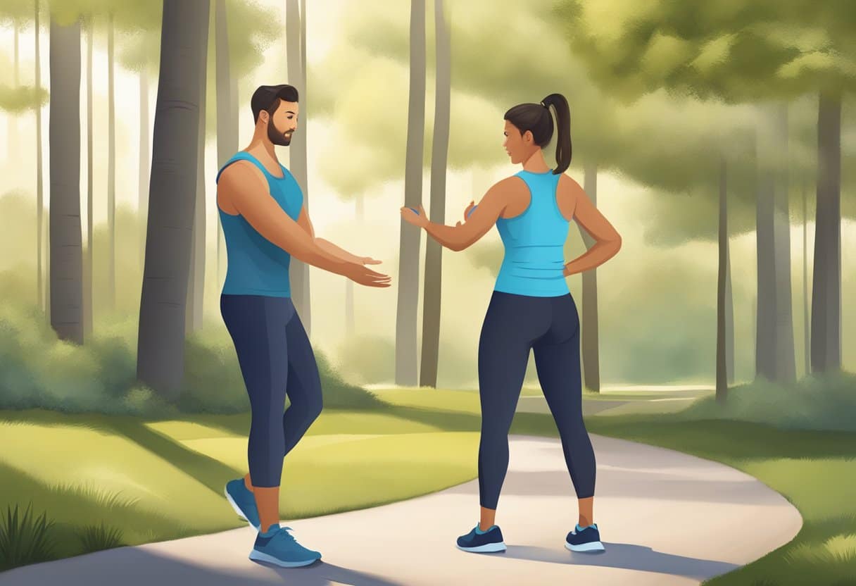 A personal trainer guiding a client through gentle exercises in a peaceful, natural setting