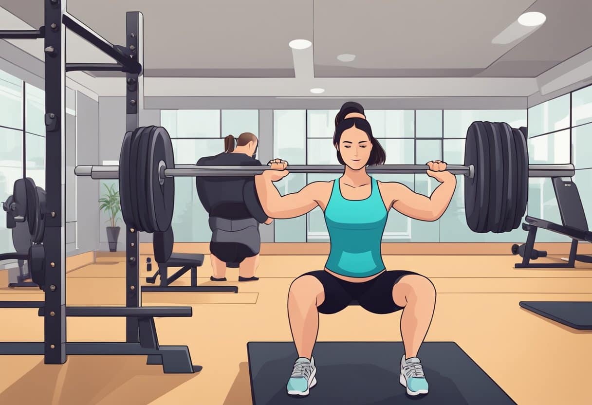 A woman lifting weights in a gym with a trainer guiding her