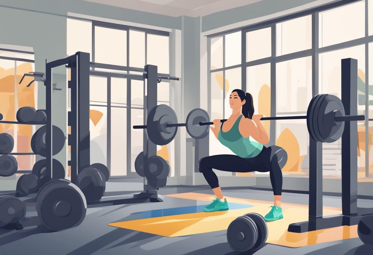 A woman lifting weights in a well-lit gym, surrounded by exercise equipment and motivational posters