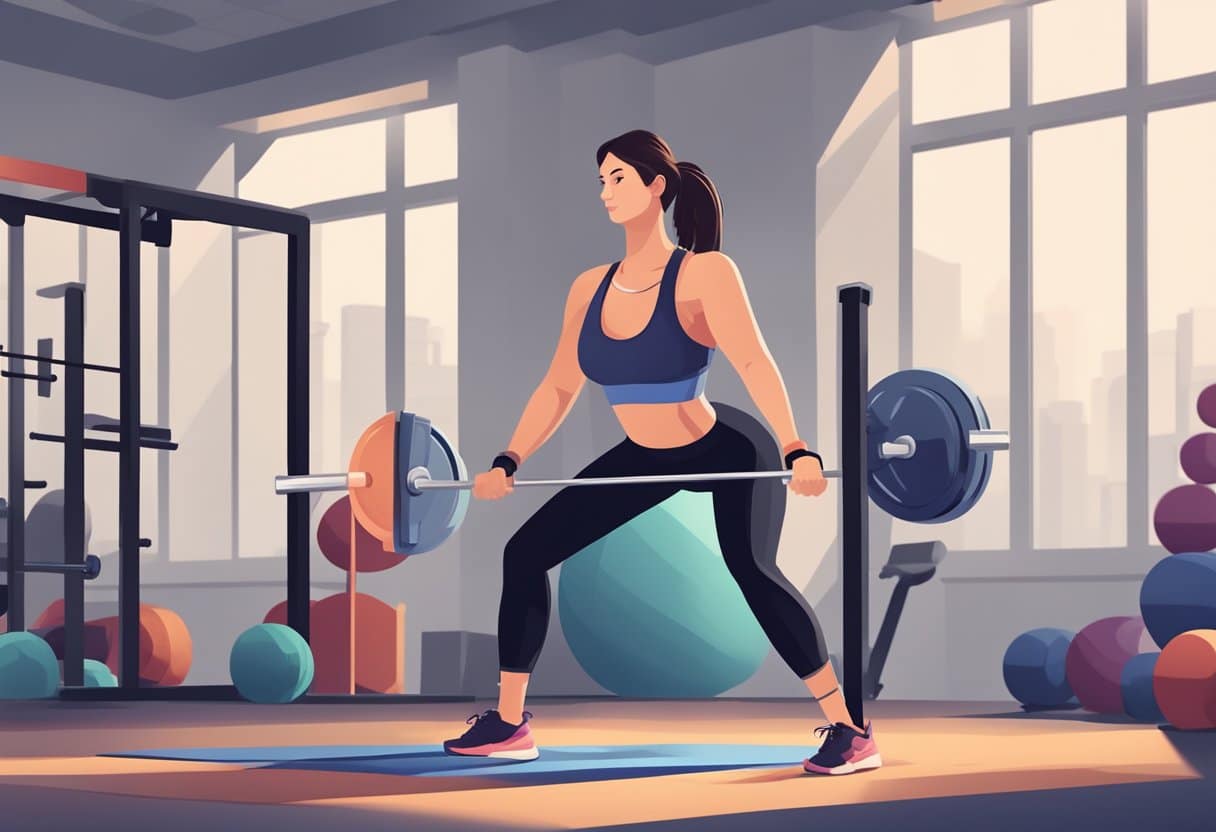 A woman lifting weights in a well-lit gym with proper form and posture, surrounded by exercise equipment and a supportive trainer