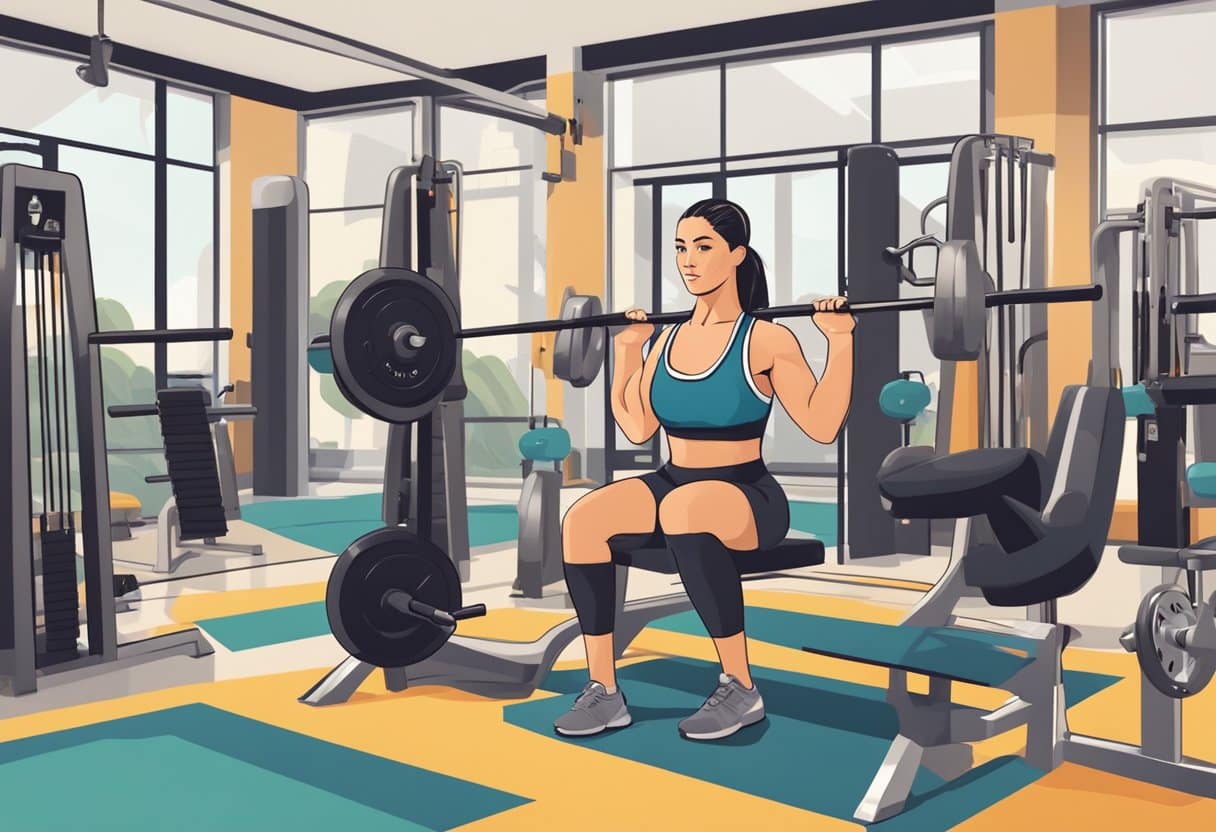 A woman lifting weights in a gym, surrounded by exercise equipment and motivational posters