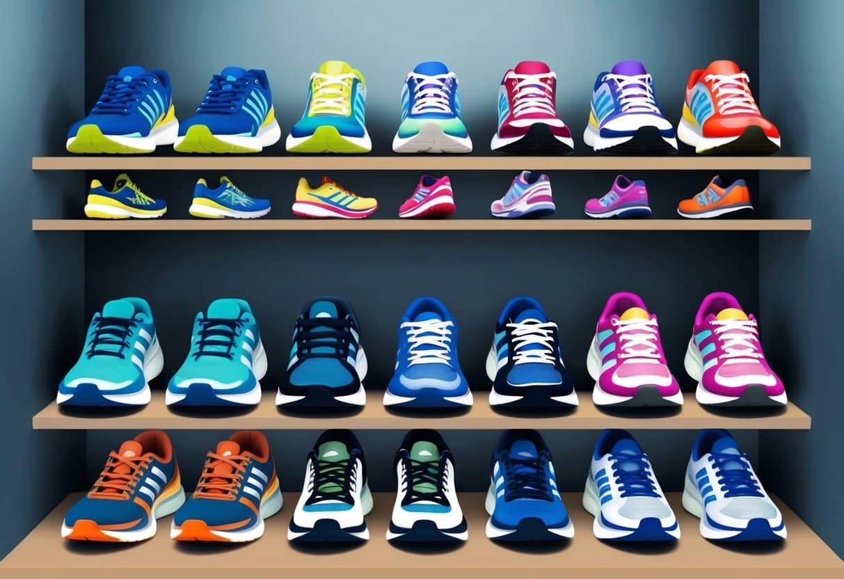 A collection of running shoes arranged neatly on a shelf, with various styles and colors on display