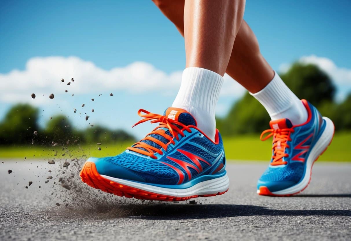A runner's foot striking the ground, showing pronation in a running shoe