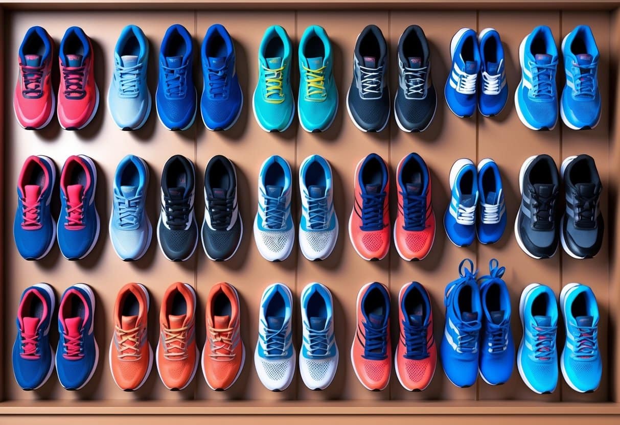 A collection of running shoes arranged neatly on display, showcasing various styles and features