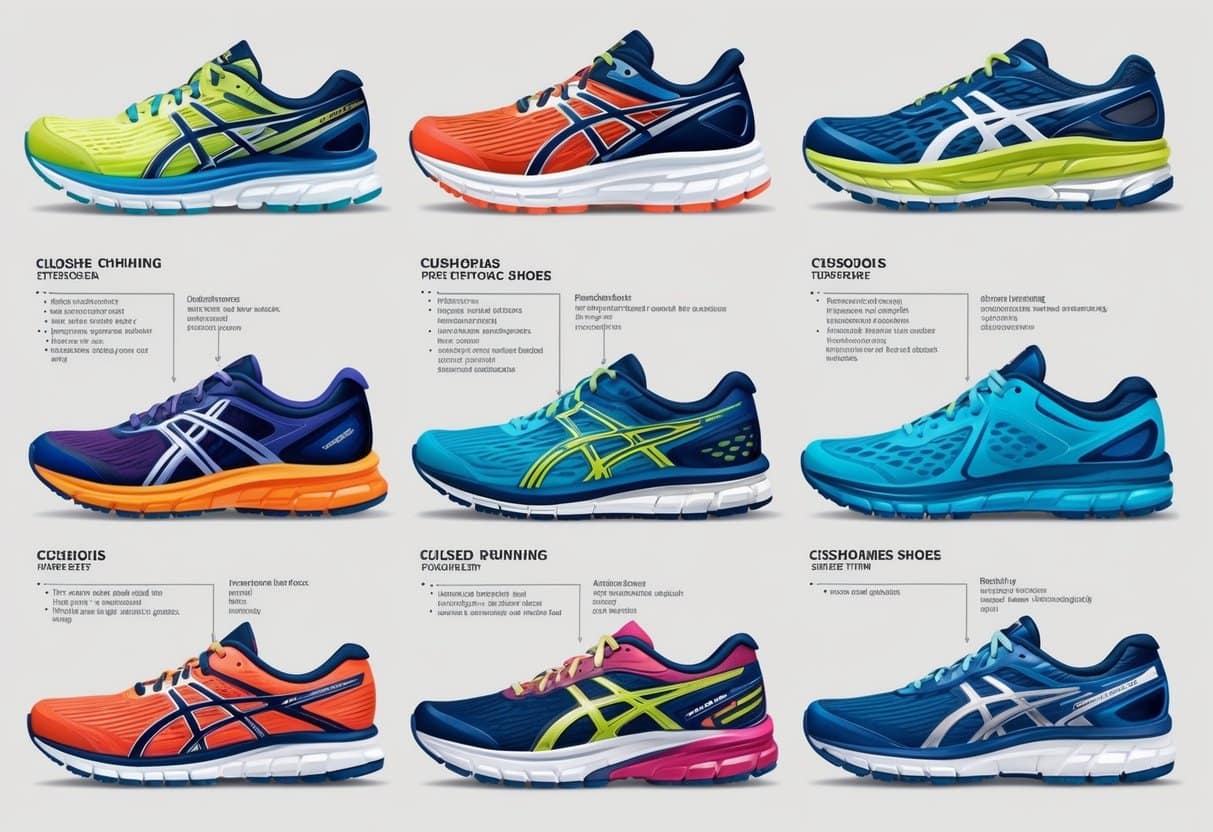 A variety of cushioned running shoes arranged in a line, with labels and diagrams illustrating their different features and terminology