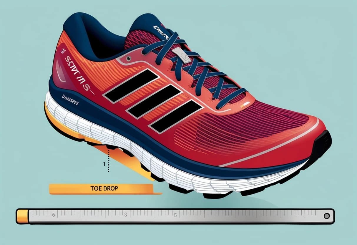 A running shoe with a visible heel-to-toe drop measurement, alongside a ruler or measurement tool for reference