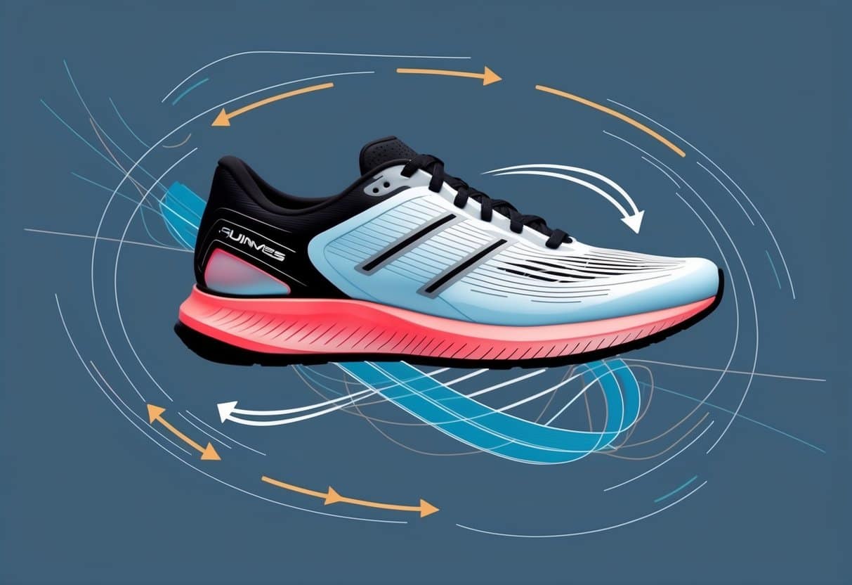 A sleek running shoe surrounded by dynamic lines and arrows, representing responsiveness in shoe design