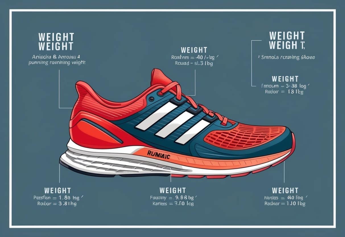 A running shoe with labeled weight terminology displayed