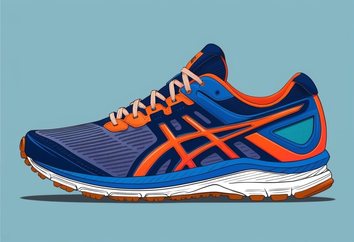 A running shoe with visible components such as the upper, laces, tongue, and heel counter