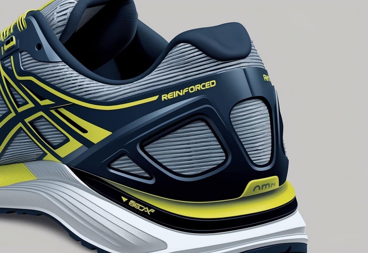 A close-up of a running shoe's heel counter, showing the reinforced structure and materials used in its construction