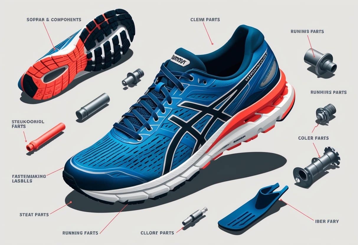 A single running shoe surrounded by various labeled parts and components