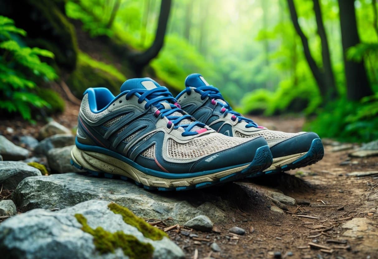 A pair of worn-out running shoes resting on a rocky trail, surrounded by lush green forest