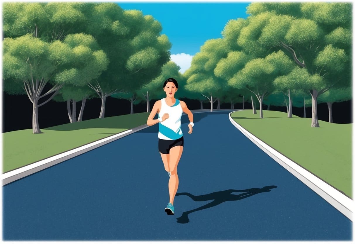 A person running on a smooth, paved path with a backdrop of trees and a clear blue sky