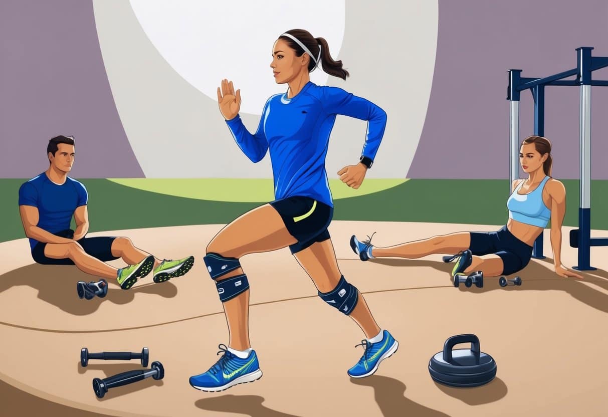 A runner wearing supportive shoes on a soft, even surface, with proper form and knee braces, surrounded by stretching and strengthening equipment