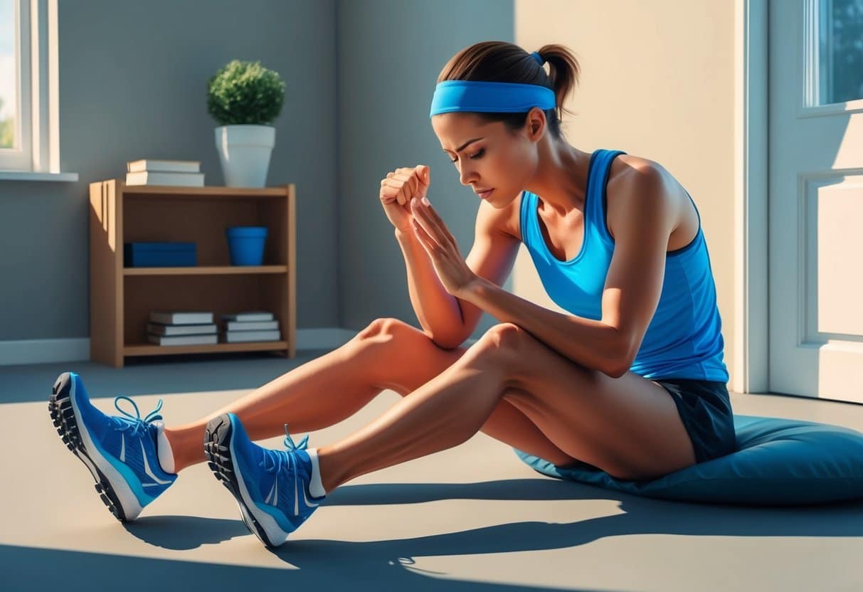 A marathon runner sits in a quiet room, eyes closed, visualizing the race course. Their focused expression conveys determination and mental preparation