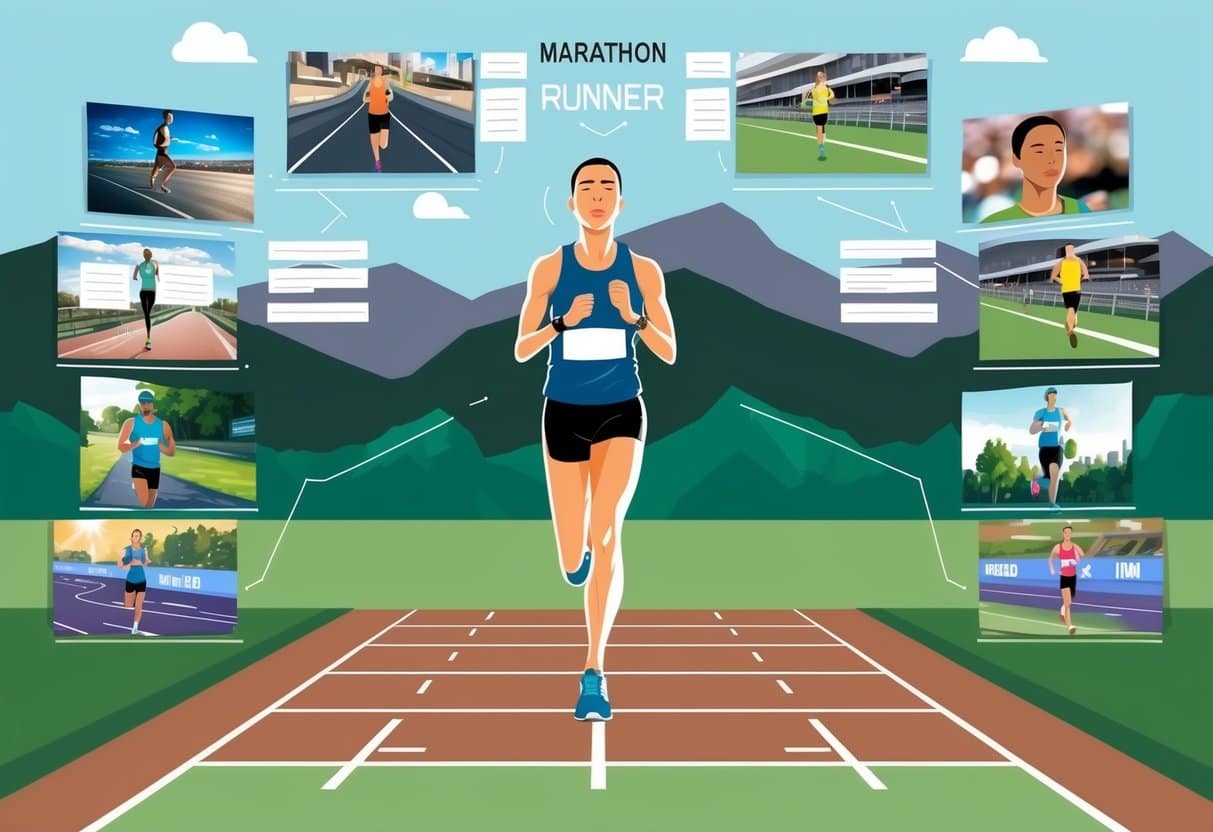 A marathon runner stands at the starting line, eyes closed, visualizing the race ahead. Surrounding them are images of their training, mental preparation, and race day strategies, all coming together to create a sense of focus and determination