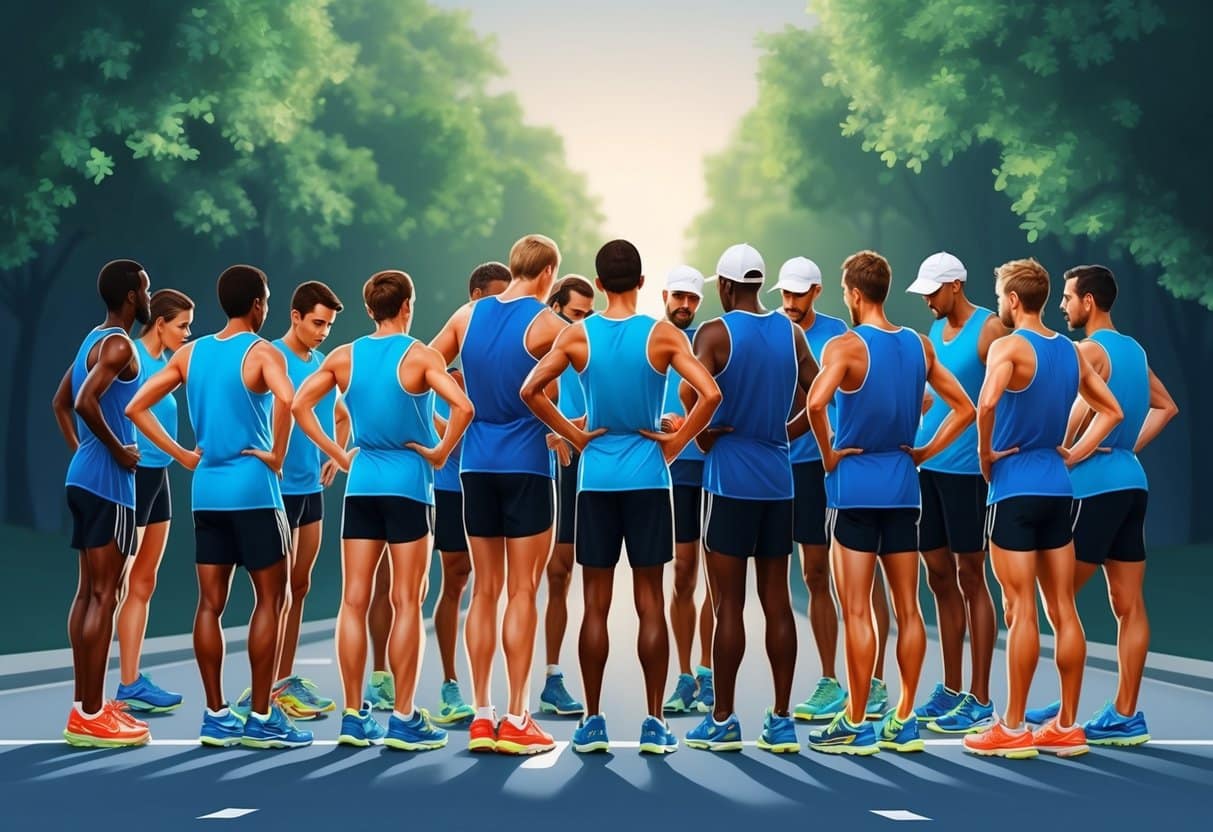 Marathon runners gather in a quiet, focused huddle, visualizing their race day strategies. The air is charged with determination and anticipation