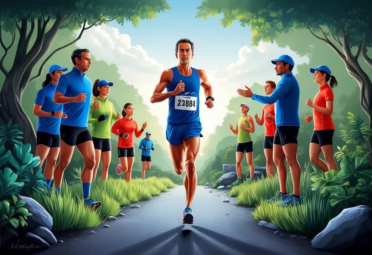 A marathon runner visualizes a calm, focused mindset amidst a serene natural landscape, surrounded by supportive teammates and coaches