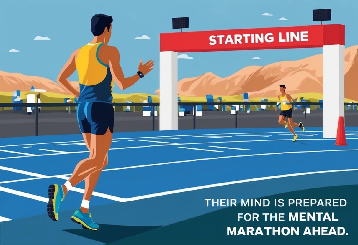 A marathon runner stands at the starting line, visualizing the race ahead. Their mind is focused and prepared for the mental marathon ahead