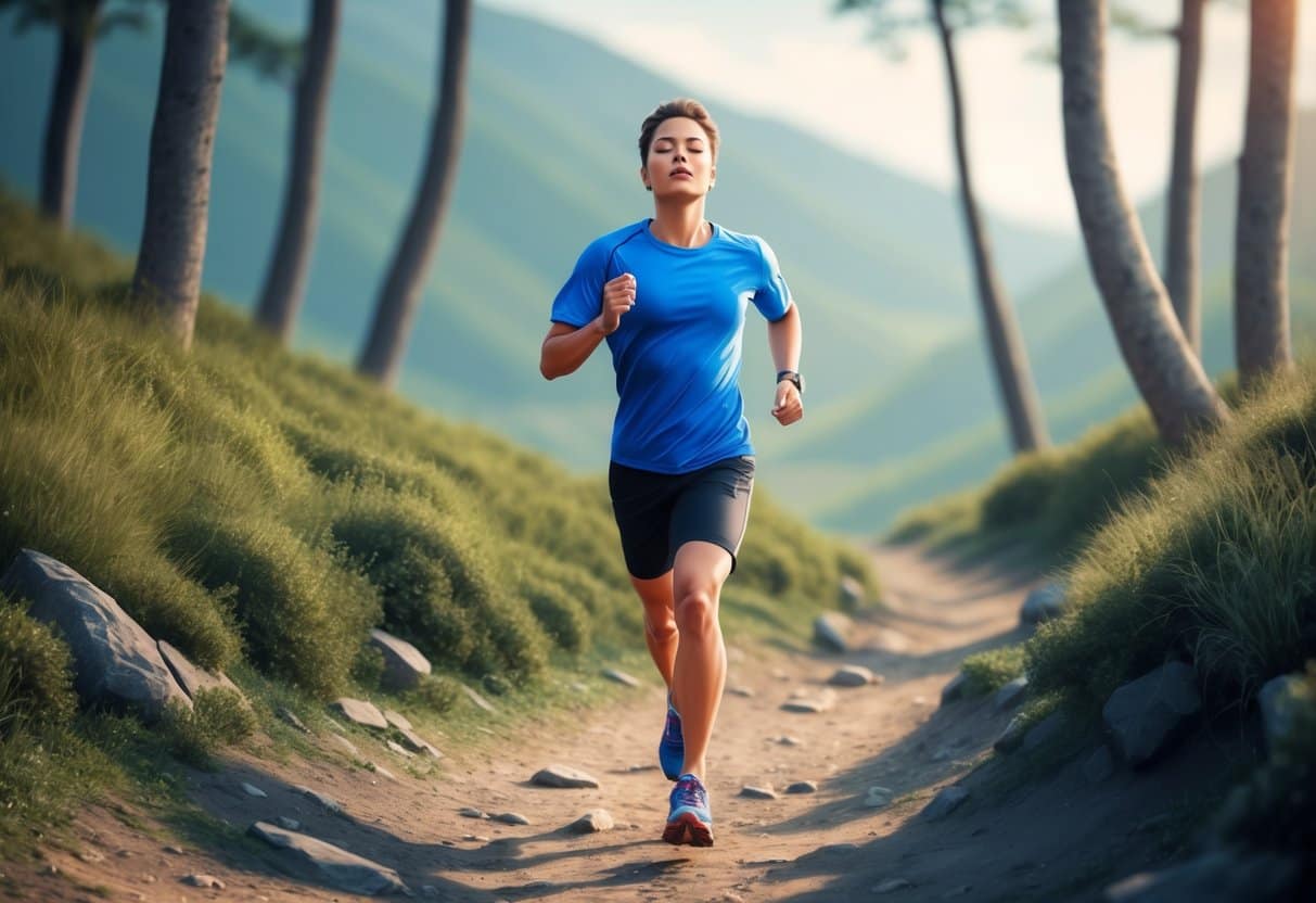 A runner on a trail, eyes closed, feeling the rhythm of their breath and the pounding of their heart. A sense of connection to the earth beneath their feet