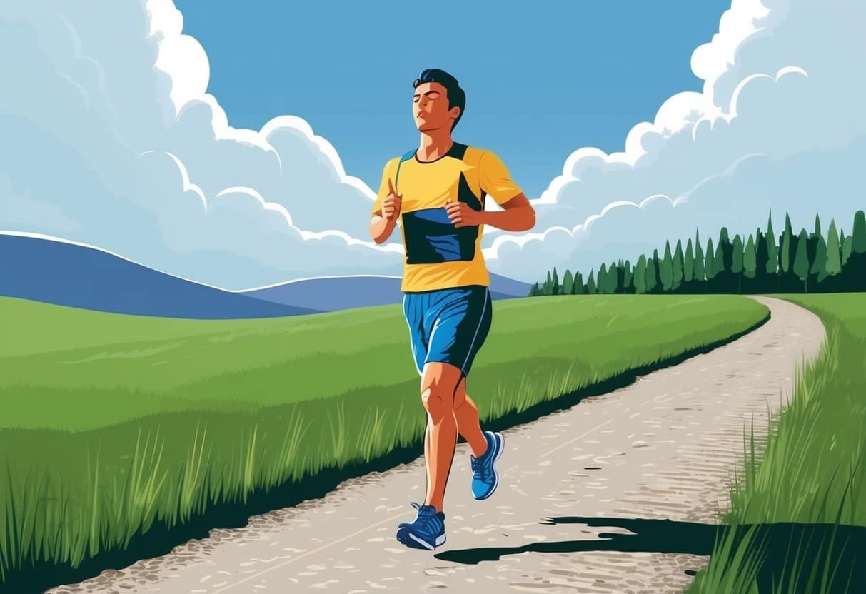 A runner on a path, eyes closed, connecting with surroundings. Mind and body in harmony, feeling the rhythm of each step