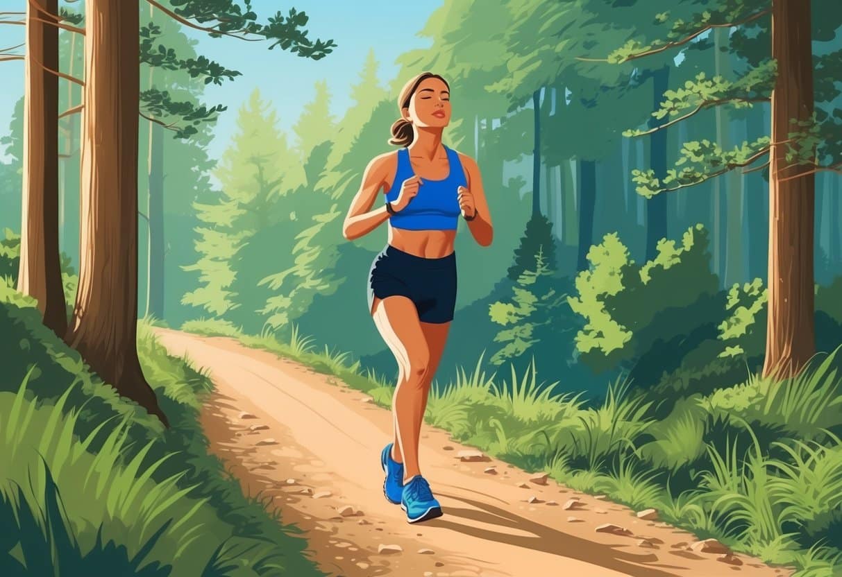A runner on a trail, pausing to close their eyes and focus inward, surrounded by nature and feeling the rhythm of their own breath and heartbeat