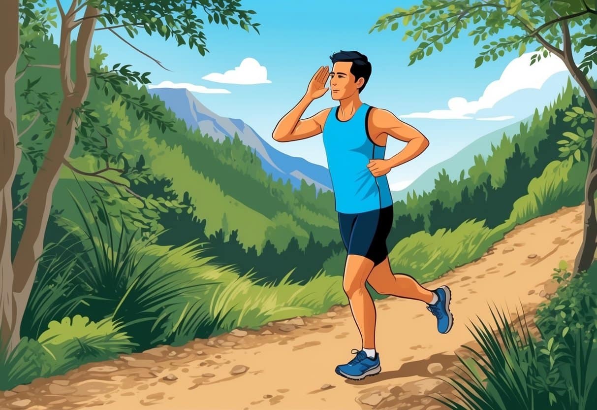 A runner on a trail, pausing to listen, with one hand cupped to their ear, surrounded by nature