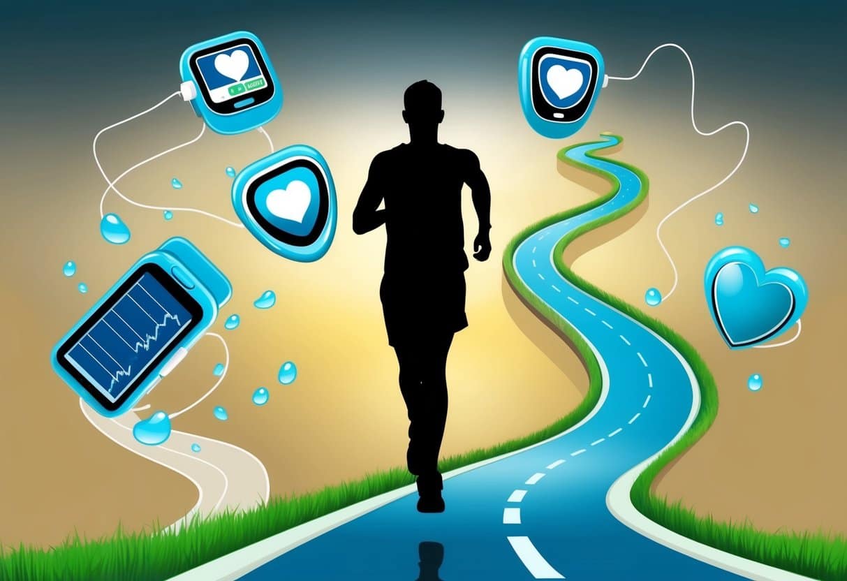 A runner's silhouette, surrounded by heart rate monitors, sweat droplets, and a winding path