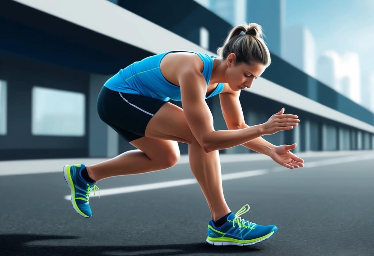 A runner pauses mid-stride, hand on aching calf, listening to their body's signals. They adjust their form, mindful of injury prevention